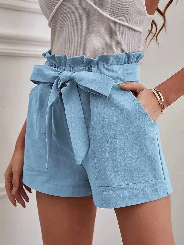 Short en Lin pour Femme, Pantalon à Jambes Larges, Taille Haute, Décontracté, avec Poches, Couleur Unie, Nouvelle Collection Été|15,00 €|OKKO MODE