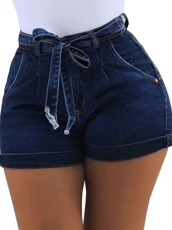 Short en denim taille haute vintage pour femme, pantalon à ourlet plié extensible, jean classique délavé, ceinture à lacets, sho|22,94 €|OKKO MODE