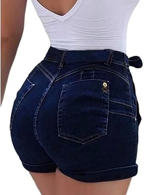 Short en denim taille haute vintage pour femme, pantalon à ourlet plié extensible, jean classique délavé, ceinture à lacets, sho|22,94 €|OKKO MODE