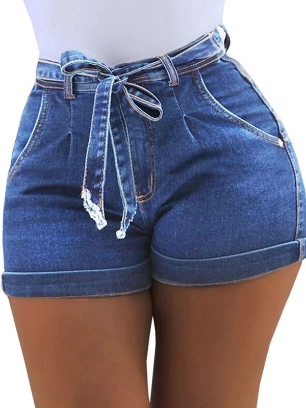 Short en denim taille haute vintage pour femme, pantalon à ourlet plié extensible, jean classique délavé, ceinture à lacets, sho|22,94 €|OKKO MODE