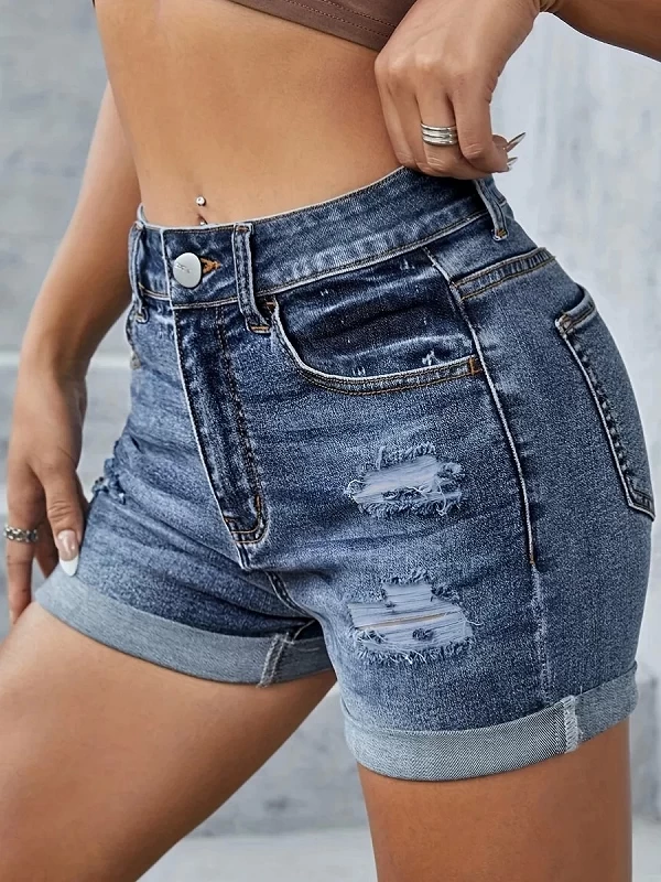 LW-Short en jean déchiré taille haute pour femme, pantalon en jean extensible, design de poche, monochromatique, skinny, décontr|20,00 €|OKKO MODE