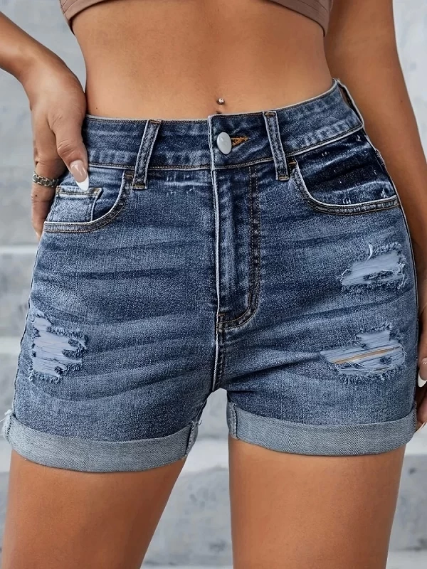 LW-Short en jean déchiré taille haute pour femme, pantalon en jean extensible, design de poche, monochromatique, skinny, décontr|20,00 €|OKKO MODE