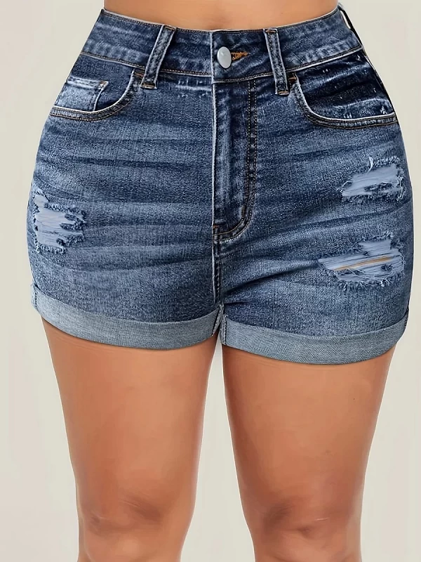 LW-Short en jean déchiré taille haute pour femme, pantalon en jean extensible, design de poche, monochromatique, skinny, décontr|20,00 €|OKKO MODE