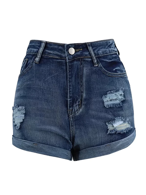 LW-Short en jean déchiré taille haute pour femme, pantalon en jean extensible, design de poche, monochromatique, skinny, décontr|20,00 €|OKKO MODE