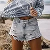 Pantalon en denim taille haute à franges de couleur claire pour femmes, Hot Pants, Rips, Hot Goals, American Hottie, Hot Summer|18,86 €|OKKO MODE