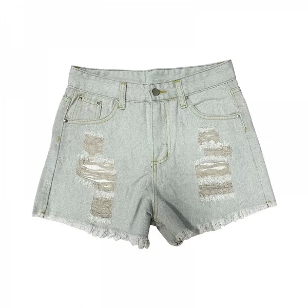 Pantalon en denim taille haute à franges de couleur claire pour femmes, Hot Pants, Rips, Hot Goals, American Hottie, Hot Summer|18,86 €|OKKO MODE