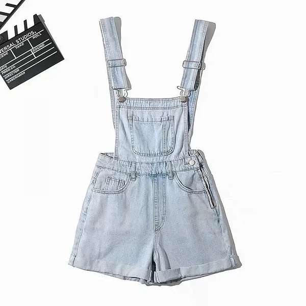 Salopette d'été en Jean à bretelles ajustables pour femmes, short décontracté, ourlet à poignets|45,81 €|OKKO MODE