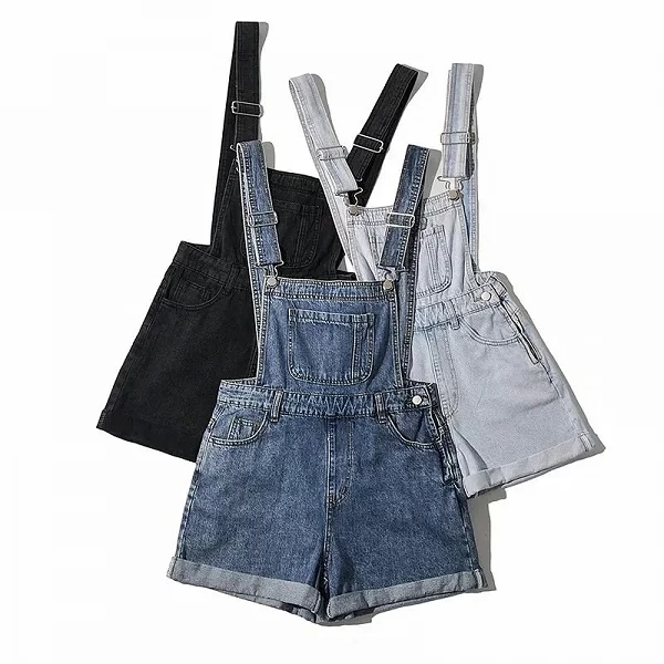 Salopette d'été en Jean à bretelles ajustables pour femmes, short décontracté, ourlet à poignets|45,81 €|OKKO MODE