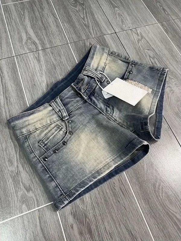 Short en Denim Délavé pour Femme, Vintage Chic, Mince, Taille Basse, Court, Esthétique Féminine, Y2k, Slim, Solide, Été|23,99 €|OKKO MODE