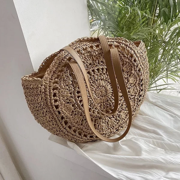 Sacs de paille ronds d'été pour femmes, sac initié au voyage en rotin, sacs à main de plage tissés à la main, fourre-tout de gra|15,00 €|OKKO MODE