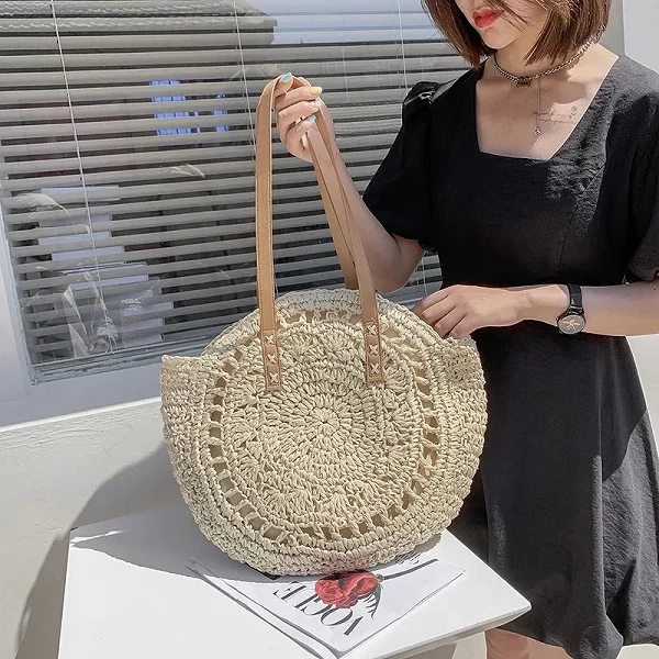 Sacs de paille ronds d'été pour femmes, sac initié au voyage en rotin, sacs à main de plage tissés à la main, fourre-tout de gra|15,00 €|OKKO MODE