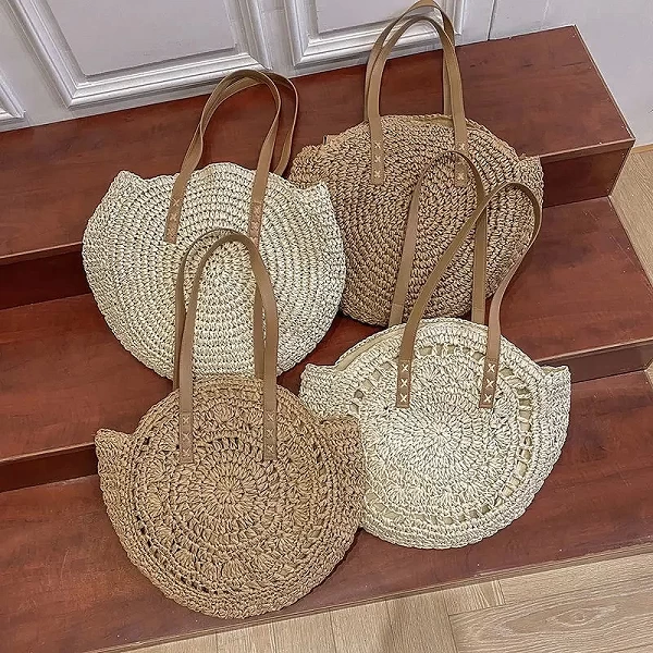 Sacs de paille ronds d'été pour femmes, sac initié au voyage en rotin, sacs à main de plage tissés à la main, fourre-tout de gra|15,00 €|OKKO MODE