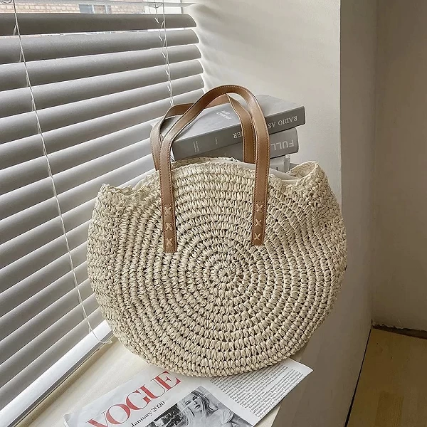 Sacs de paille ronds d'été pour femmes, sac initié au voyage en rotin, sacs à main de plage tissés à la main, fourre-tout de gra|15,00 €|OKKO MODE