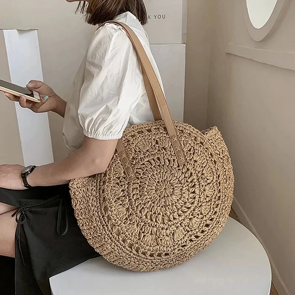 Sacs de paille ronds d'été pour femmes, sac initié au voyage en rotin, sacs à main de plage tissés à la main, fourre-tout de gra|15,00 €|OKKO MODE