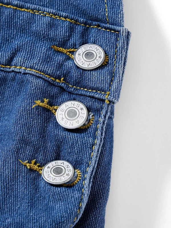 Combishort en denim pour femme, combinaison décontractée à bretelles et poches, avec manchette roulée|21,59 €|OKKO MODE