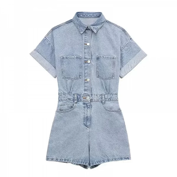 Combinaison courte en denim à poches pour femmes, manches courtes, sexy, slim, batterie con ropa, salopette à revers d'été, stre|20,89 €|OKKO MODE