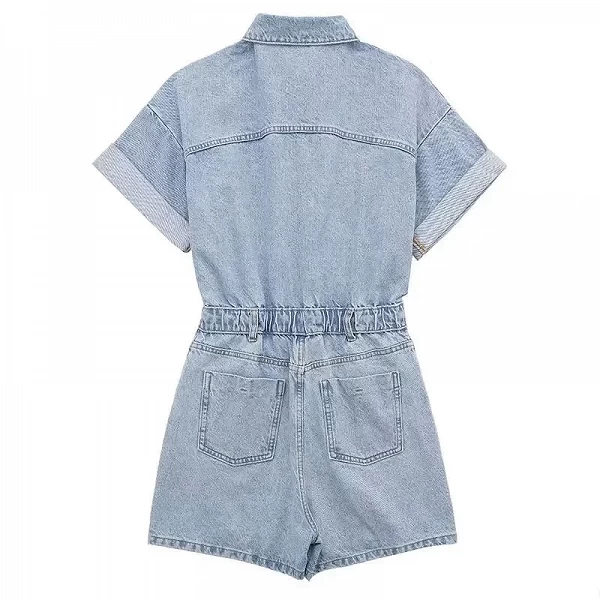 Combinaison courte en denim à poches pour femmes, manches courtes, sexy, slim, batterie con ropa, salopette à revers d'été, stre|20,89 €|OKKO MODE