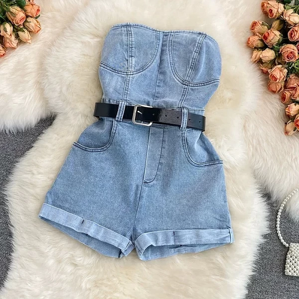 XFPV-Combinaison courte en denim sans bretelles pour femme, taille haute, short décontracté à jambes larges, barboteuse tendance|29,03 €|OKKO MODE