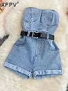 XFPV-Combinaison courte en denim sans bretelles pour femme, taille haute, short décontracté à jambes larges, barboteuse tendance|29,03 €|OKKO MODE