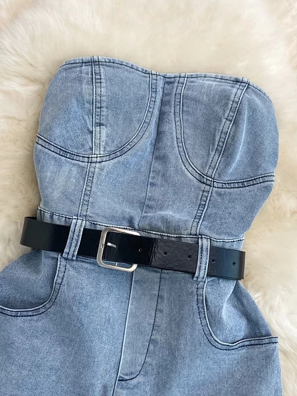 XFPV-Combinaison courte en denim sans bretelles pour femme, taille haute, short décontracté à jambes larges, barboteuse tendance|29,03 €|OKKO MODE