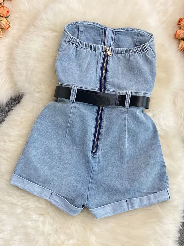 XFPV-Combinaison courte en denim sans bretelles pour femme, taille haute, short décontracté à jambes larges, barboteuse tendance|29,03 €|OKKO MODE