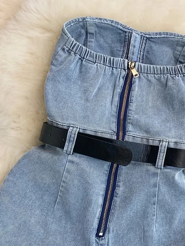 XFPV-Combinaison courte en denim sans bretelles pour femme, taille haute, short décontracté à jambes larges, barboteuse tendance|29,03 €|OKKO MODE