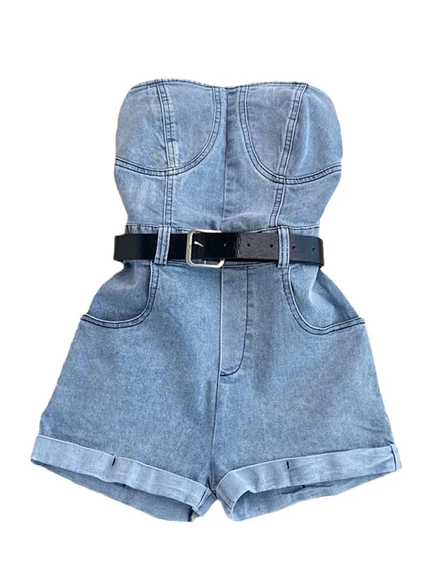 XFPV-Combinaison courte en denim sans bretelles pour femme, taille haute, short décontracté à jambes larges, barboteuse tendance|29,03 €|OKKO MODE