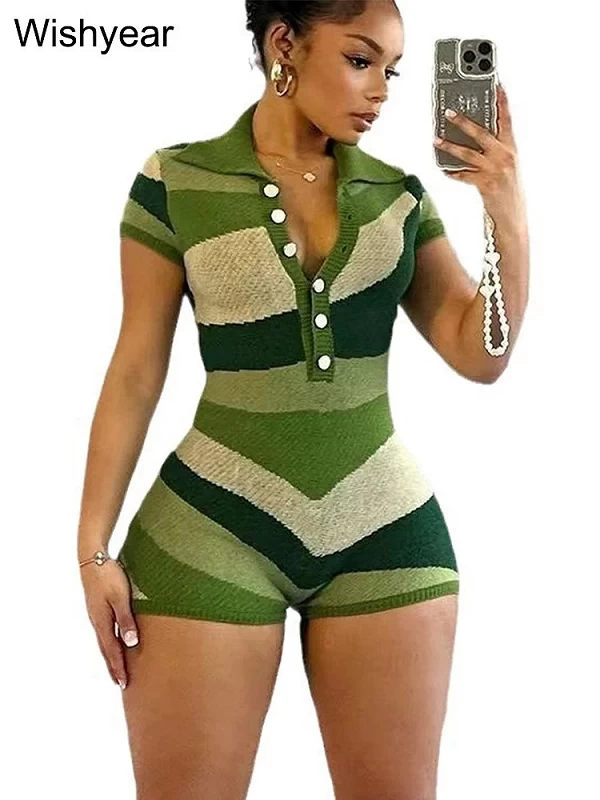 Combishort à manches courtes pour femme, barboteuse une pièce, combishort vert, sexy, élégante en tricot|23,99 €|OKKO MODE