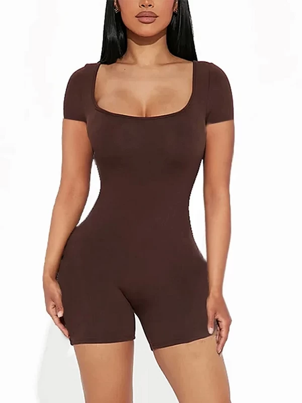 Combinaison Sexy à Manches Courtes et Col Ras du Cou pour Femme, Vêtement de Couleur Unie, Taille Haute, Idéal pour le Yoga et l|10,00 €|OKKO MODE