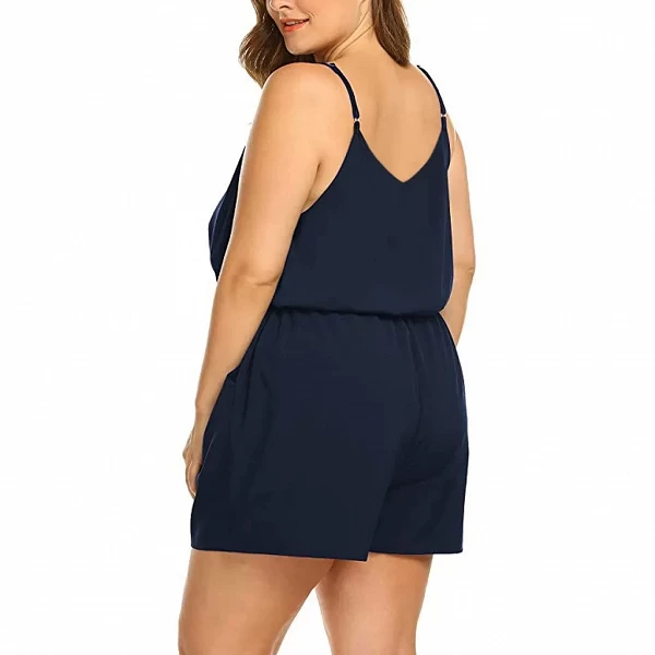 Combinaison courte pour femme, barboteuse grande taille, col en v, couleur unie, été|10,06 €|OKKO MODE