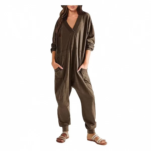 Pyjama femme manches longues col en V, combinaison douce avec poches respirantes|11,07 €|OKKO MODE