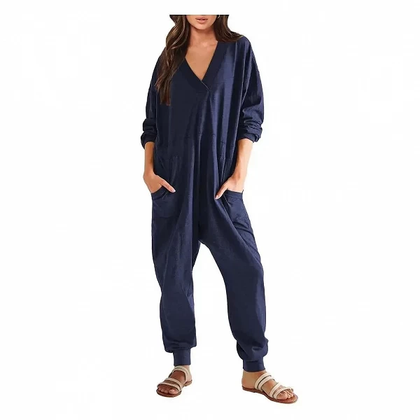 Pyjama femme manches longues col en V, combinaison douce avec poches respirantes|11,07 €|OKKO MODE