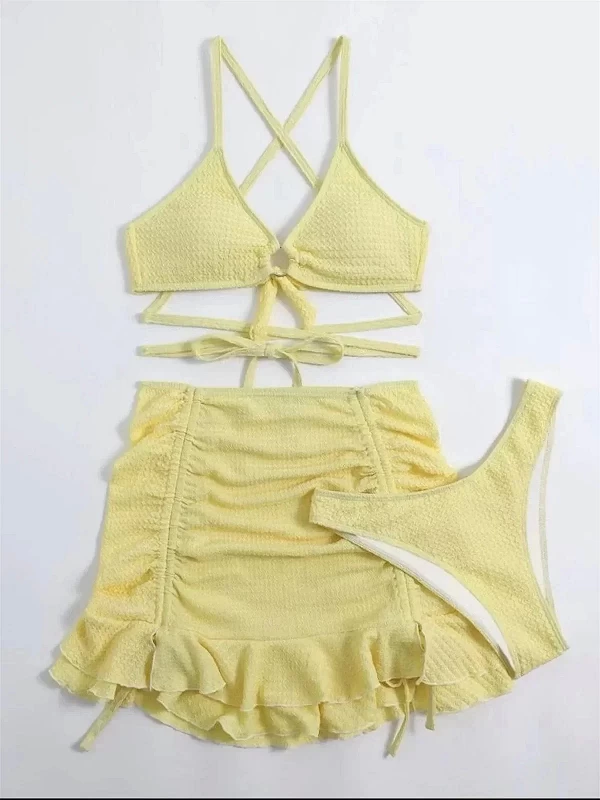 Maillot de bain deux pièces jaune, sexy, col licou, anneau lié, croisé, cover up, 3 pièces, jupe à volants trempée, pour la plag|17,99 €|OKKO MODE