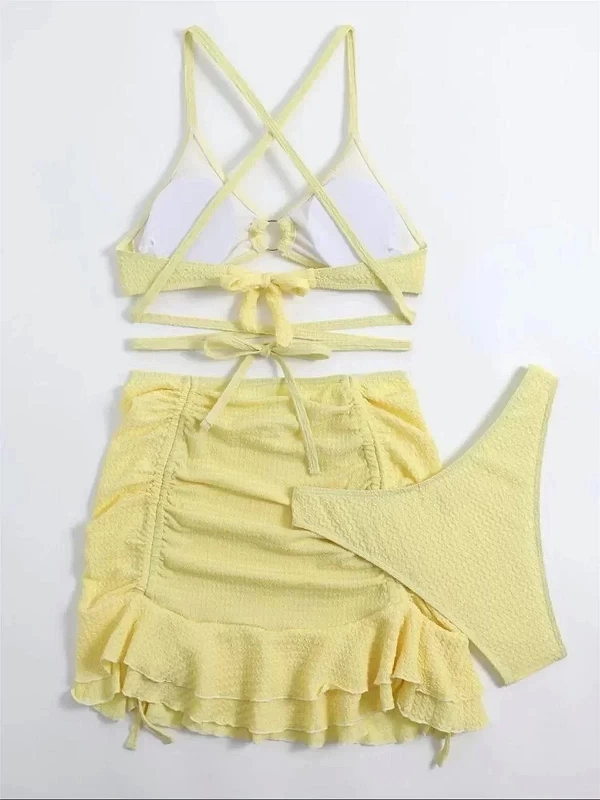 Maillot de bain deux pièces jaune, sexy, col licou, anneau lié, croisé, cover up, 3 pièces, jupe à volants trempée, pour la plag|17,99 €|OKKO MODE