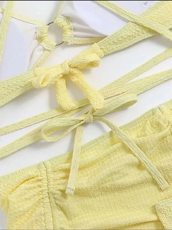 Maillot de bain deux pièces jaune, sexy, col licou, anneau lié, croisé, cover up, 3 pièces, jupe à volants trempée, pour la plag|17,99 €|OKKO MODE