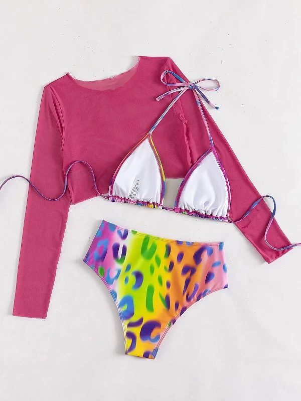 Maillot de bain 3 pièces imprimé léopard, bikini triangle, taille haute, col licou, pour femmes, vêtements de plage, 2024|15,98 €|OKKO MODE