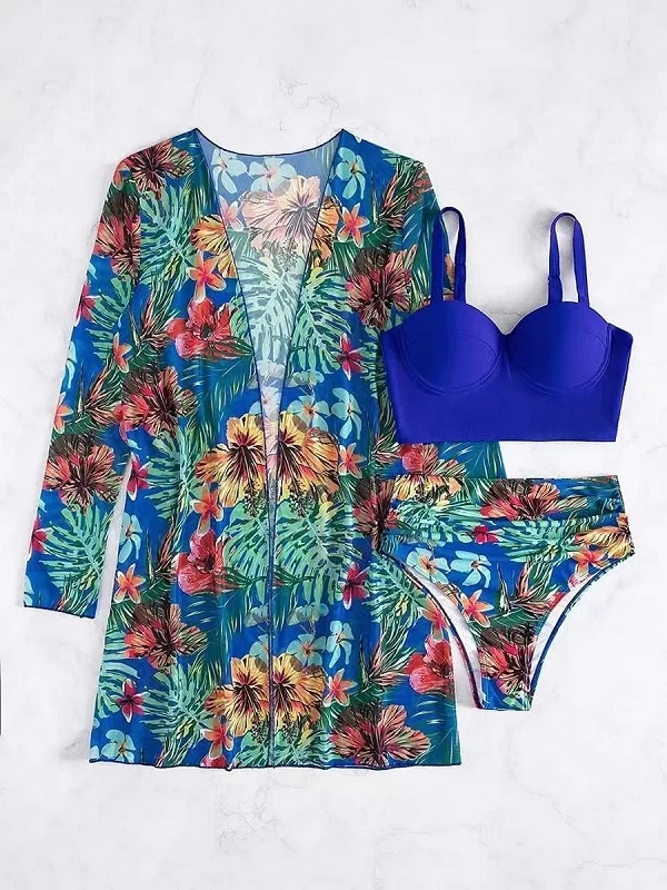 Maillot de bain 3 pièces imprimé Tropical, Sexy, Cover-Up, Push-Up, manches longues, pour femmes, vêtements de plage, 2023|21,12 €|OKKO MODE