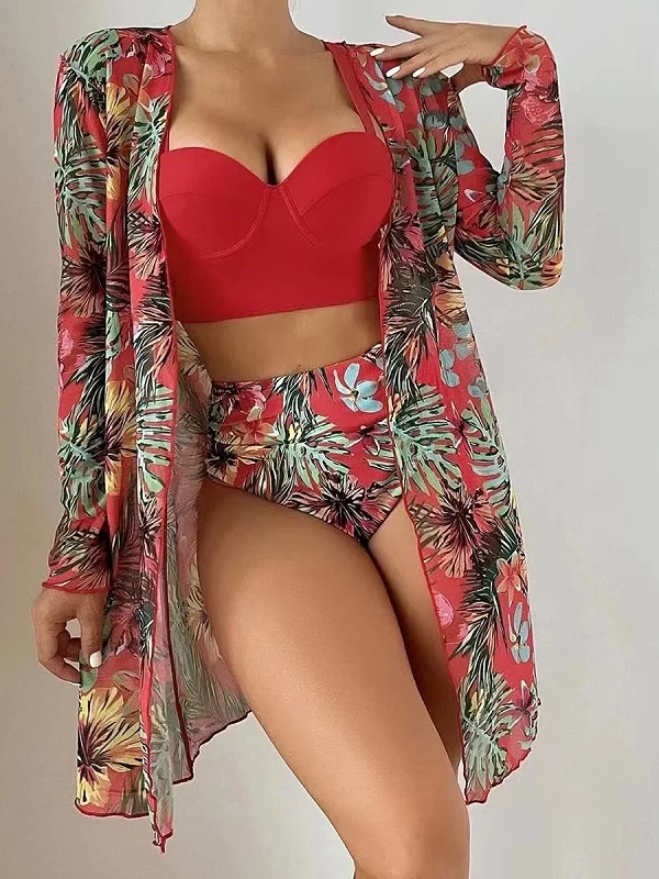 Maillot de bain 3 pièces imprimé Tropical, Sexy, Cover-Up, Push-Up, manches longues, pour femmes, vêtements de plage, 2023|21,12 €|OKKO MODE