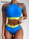 Maillot de bain deux pièces pour femmes, maille épissage, manches courtes, taille haute, Bikini, ensemble, pour baigneurs, V2871|17,97 €|OKKO MODE