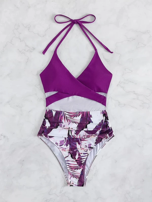 Maillot de bain imprimé vintage violet, taille haute, bikini, ensemble deux pièces, col licou, push-up, vêtements de plage, pisc|16,00 €|OKKO MODE