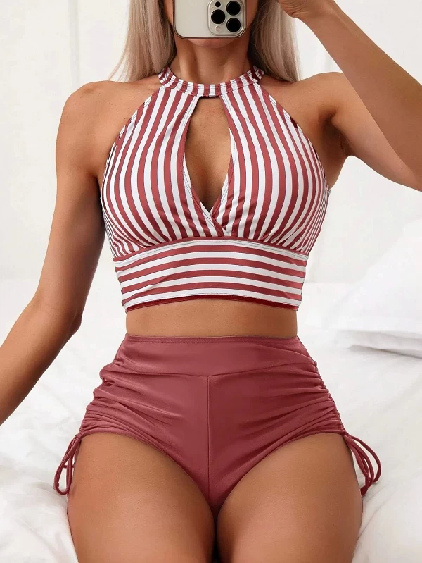 Maillot de bain deux pièces rayé, taille haute, découpé, col haut, avec short, ensemble deux pièces, bikini, vêtements de plage,|18,00 €|OKKO MODE