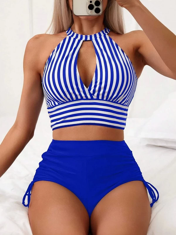 Maillot de bain deux pièces rayé, taille haute, découpé, col haut, avec short, ensemble deux pièces, bikini, vêtements de plage,|18,00 €|OKKO MODE