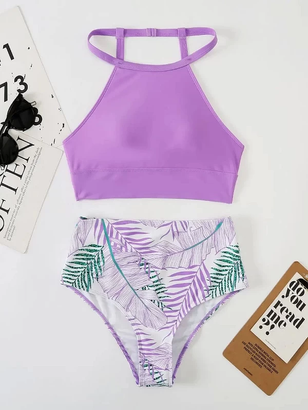 Maillot de bain deux pièces violet clair, sexy, taille haute, bikini, col haut, imprimé, vêtements de plage, pour femmes, 2024|18,00 €|OKKO MODE