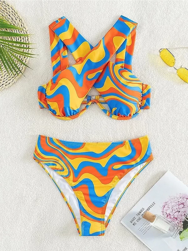 Maillot de bain deux pièces pour femmes, bikini sexy à armatures, orange, ondulé, design, col licou, croisé, taille haute, été, |16,01 €|OKKO MODE