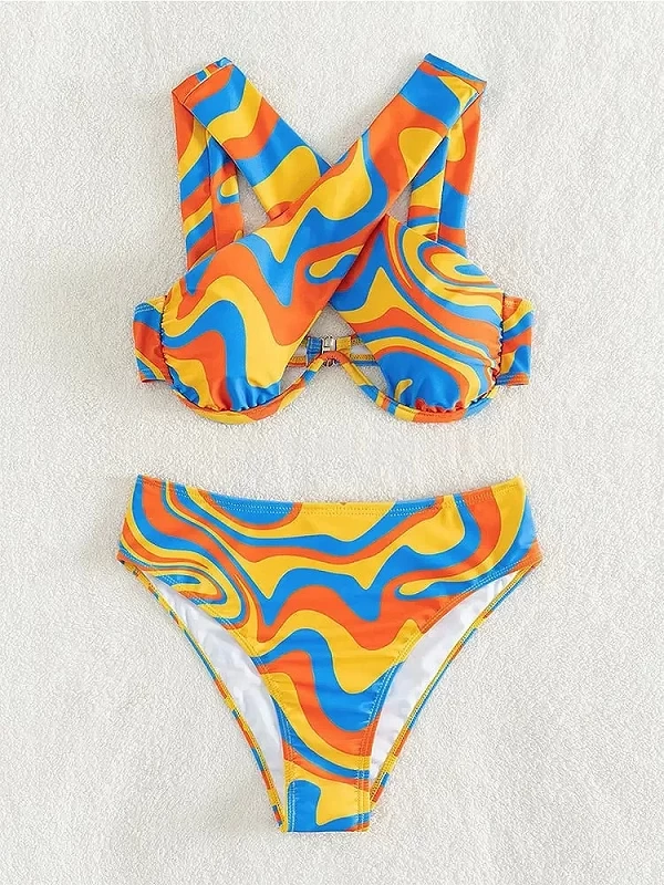 Maillot de bain deux pièces pour femmes, bikini sexy à armatures, orange, ondulé, design, col licou, croisé, taille haute, été, |16,01 €|OKKO MODE