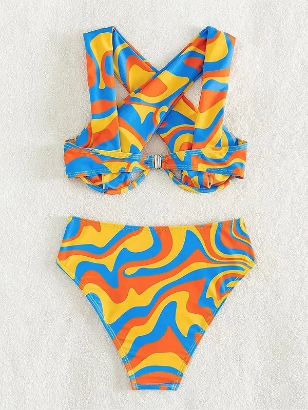 Maillot de bain deux pièces pour femmes, bikini sexy à armatures, orange, ondulé, design, col licou, croisé, taille haute, été, |16,01 €|OKKO MODE