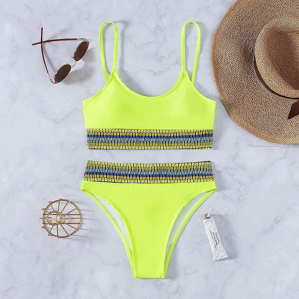 Maillot de bain brésilien jaune néon, Sexy, Bikini, taille haute, Patchwork, soutien-gorge Push Up, rembourré, bretelles côtelée|15,97 €|OKKO MODE