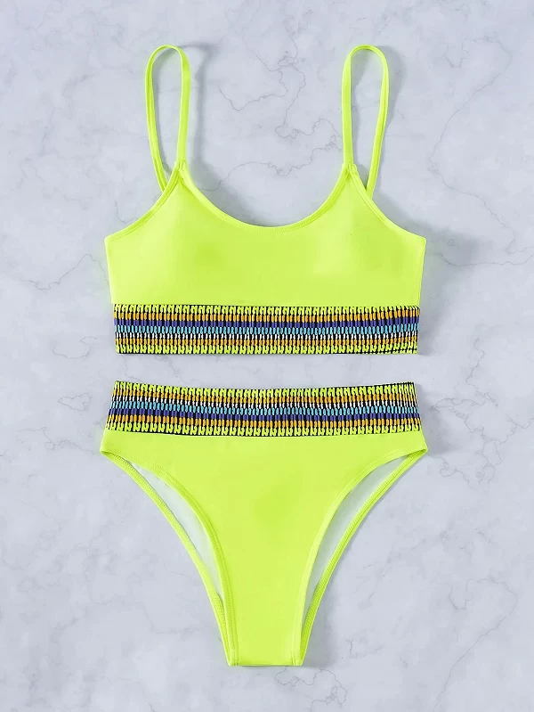 Maillot de bain brésilien jaune néon, Sexy, Bikini, taille haute, Patchwork, soutien-gorge Push Up, rembourré, bretelles côtelée|15,97 €|OKKO MODE