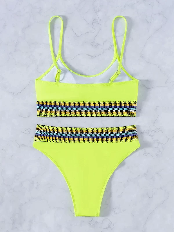 Maillot de bain brésilien jaune néon, Sexy, Bikini, taille haute, Patchwork, soutien-gorge Push Up, rembourré, bretelles côtelée|15,97 €|OKKO MODE