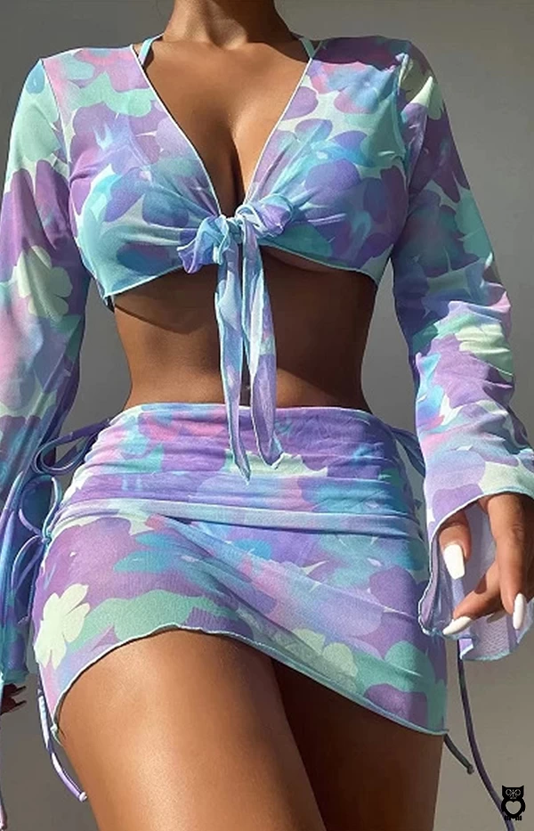 Ensemble bikini 4 pièces pour femme à manches longues - Jupe de plage et haut d'été